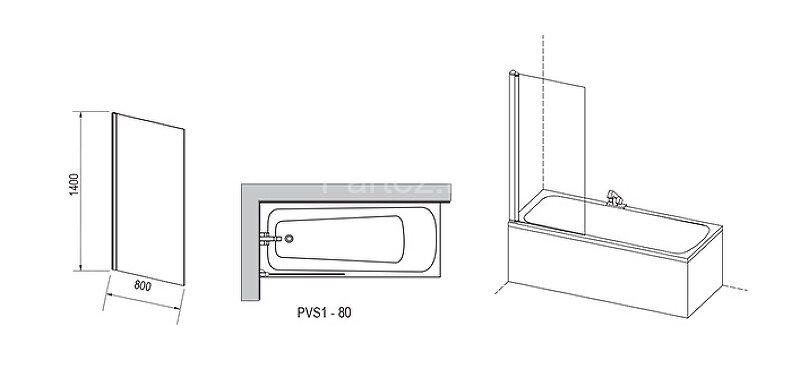 Шторка для ванны Ravak 80х140 цвет профиля черный (79840300Z1)