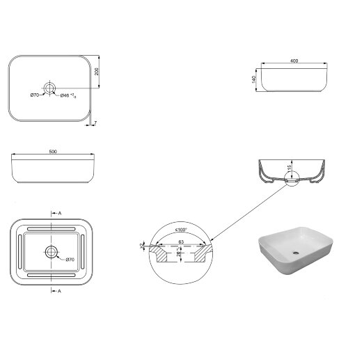 Раковина-чаша Creo Ceramique 500х400х140 накладная, прямоугольная, керамика, белый глянцевый (PU4200