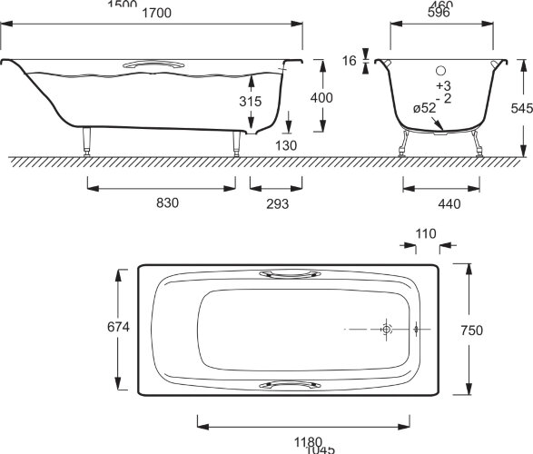 Ванна чугунная Jacob Delafon DIAPASON 170x75 см с антискользящим покрытием, с отверстием для ручек, 