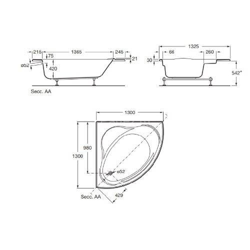 Ванна акриловая угловая Roca BALI 130х130, с гидромассажем, встроенной спинкой, сиденьями и подголов