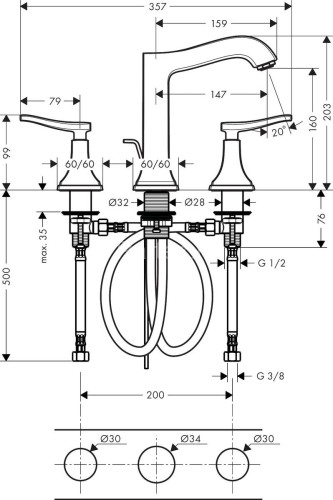 31331000 Metropol Classic Смеситель для раковины на 3 отверстия, с рычаговыми рукоятками, со сливным
