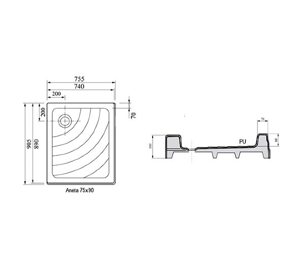 Душевой поддон Ravak ANETA 75x90 PU белый