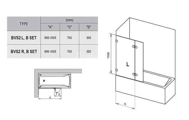 Шторка для ванны распашная Ravak BVS2 100х150 цвет профиля хром (7UPA0A00Z1)