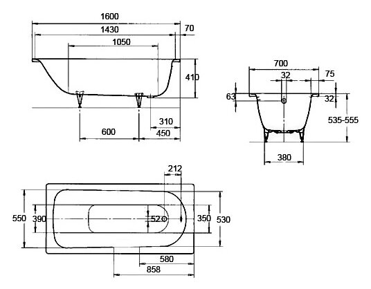 Ванна стальная Kaldewei SANIFORM PLUS Mod.372-1, размер 1600х750х410, alpine white, без ножек
